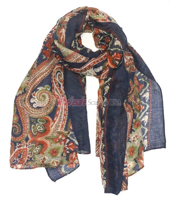 (image for) Premium Floral Print Scarf S0151 Navy